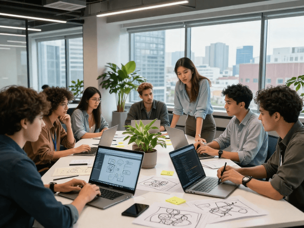 Engaging team collaborating in a modern office, showcasing Juicy ai innovations in tech design