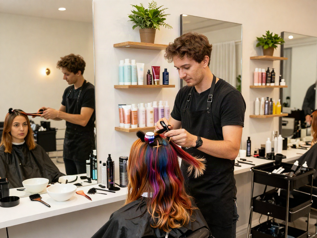 Professional hairstylist applying vibrant hair color at https://carbonegroupparrucchieri.it/ salon, showcasing beauty creativity.