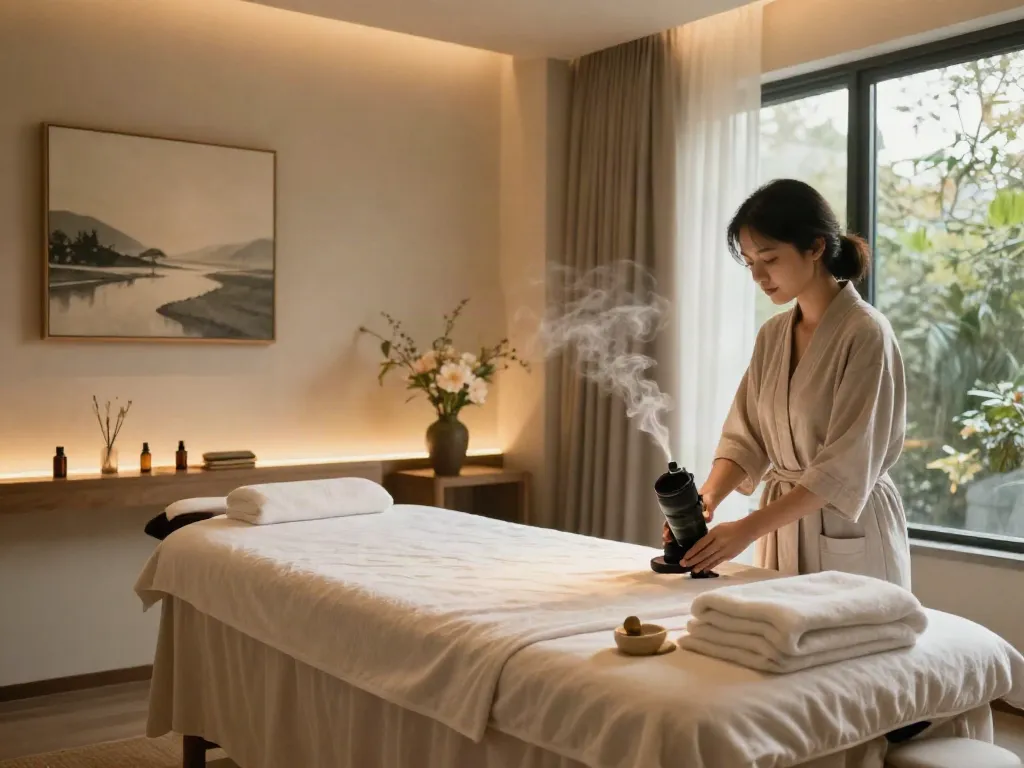 Relaxing spa scene with sensual massage setup, featuring עיסוי אירוטי elements in tranquil environment