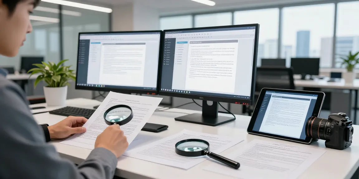 Document fraud detection professional analyzing documents with advanced tools in a modern office setting.