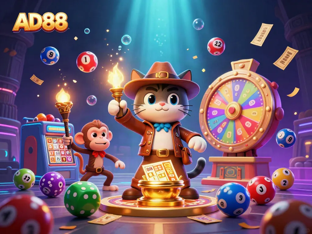 Engage in thrilling lottery excitement with AD88 showcasing colorful balls and dynamic casino elements.