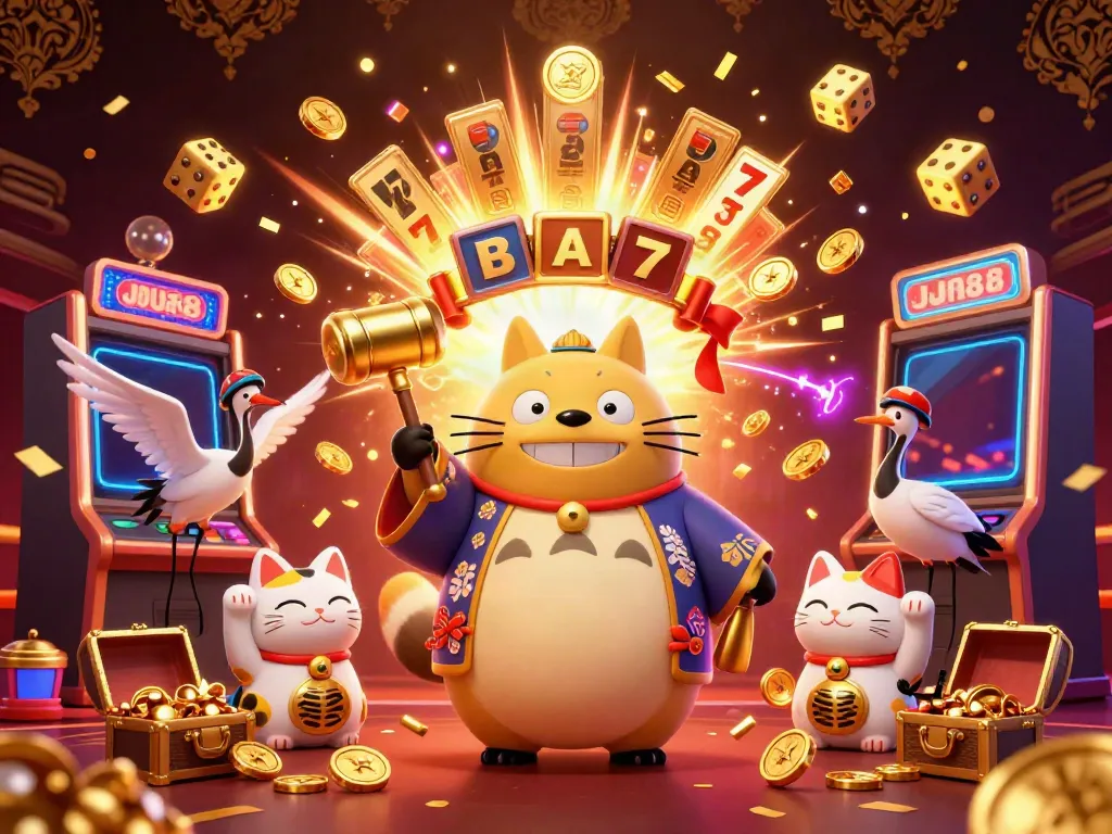 Join the fun at Jun88 with a cheerful tanuki and friends exploring vibrant casino delights.