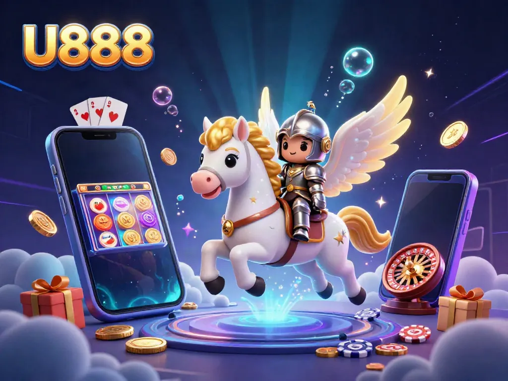 Experience the excitement of U888 with a vibrant 3D illustration of a celestial horse, knight, and casino elements.