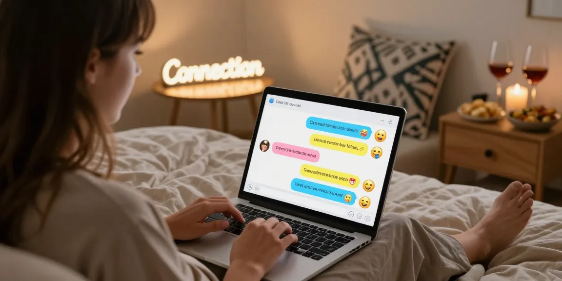 Engaged couple having a free ai sex chat on a cozy laptop in a warm bedroom setting.