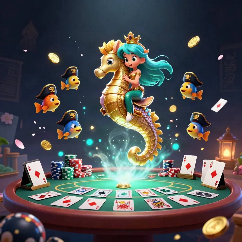 Sirena cartoon con cavalluccio marino d’oro, pesci pirata e fiches in luce notturna