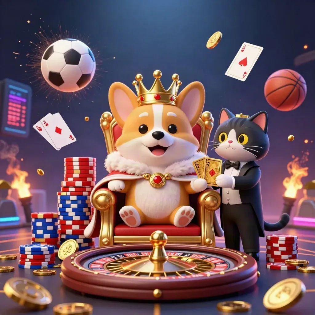 Corgi reale e gatto maggiordomo tra monete, ruota e palloni in una scena casino-sportiva neon.
