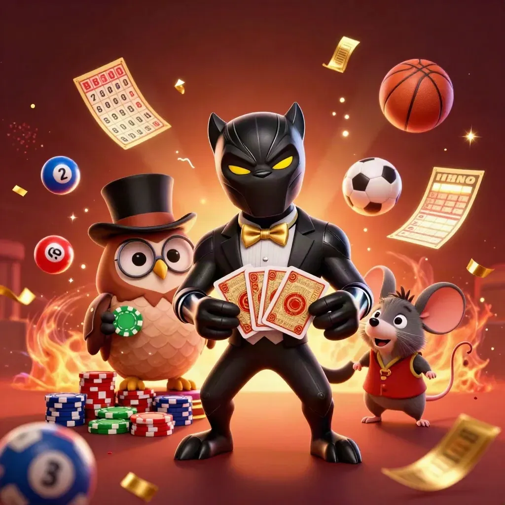Pantera, gufo e topo tra carte, chip, pallone, basket e ruota premio in stile casino premium.