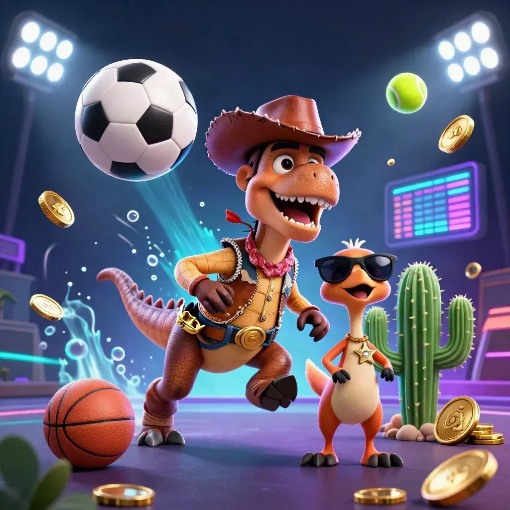 T-Rex cowboy, cactus e uccello corridore tra palloni, trofeo e luci neon