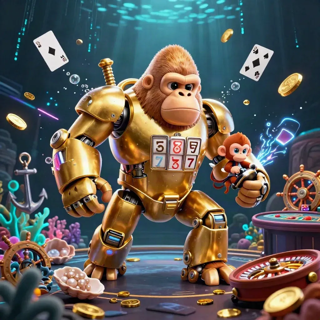 Gorilla mech dorato con pilota scimmia tra tesori subacquei, monete e luci neon.