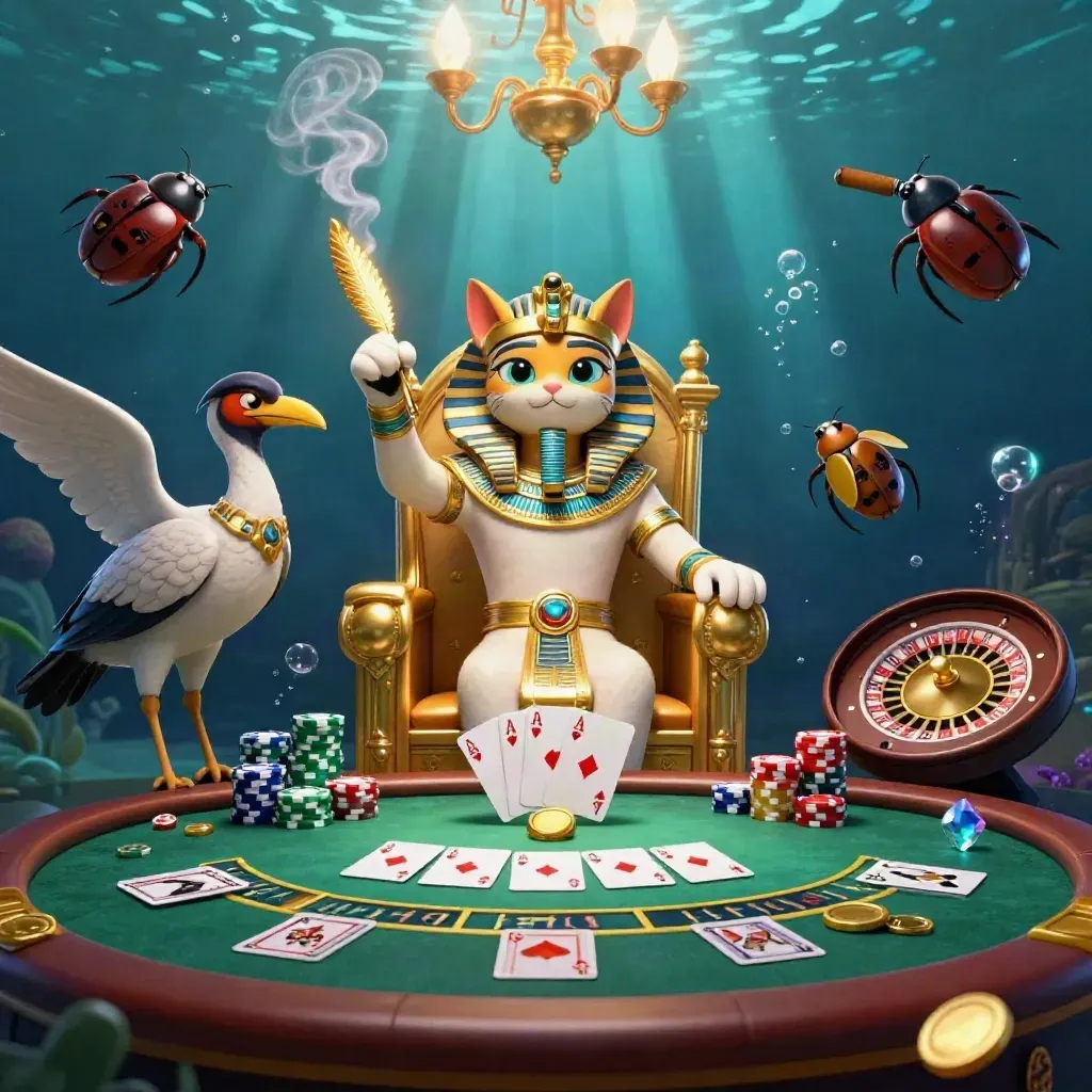 Gatto faraone su trono d’oro con scriba ibis, scarabei alati e tavoli da casino in luce subacquea