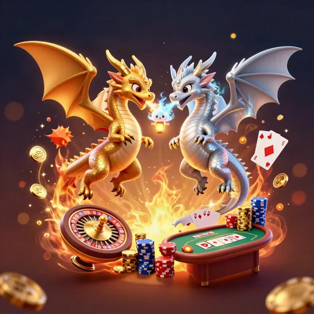Due draghi 3D, oro e argento, tra monete, gemme e ruota roulette in una sala lussuosa.