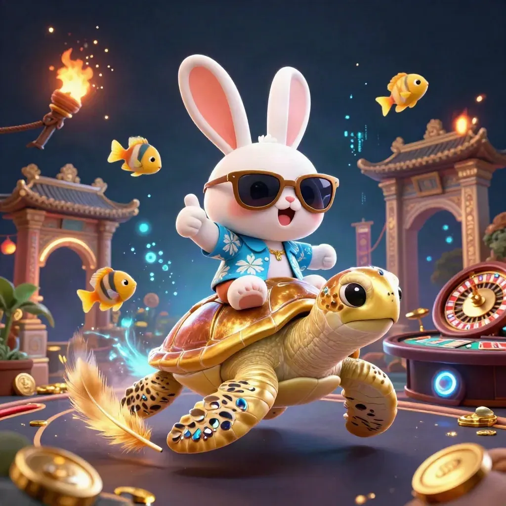 Coniglio lucky su tartaruga d’oro, stile casino premium, luci neon e carte sparse