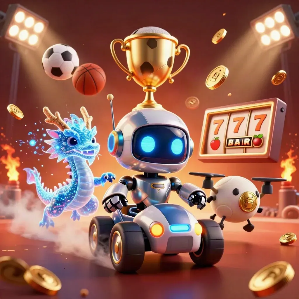 Robot cyberpunk, drago olografico e drone tra palloni, trofeo e monete su sfondo rosso scuro.