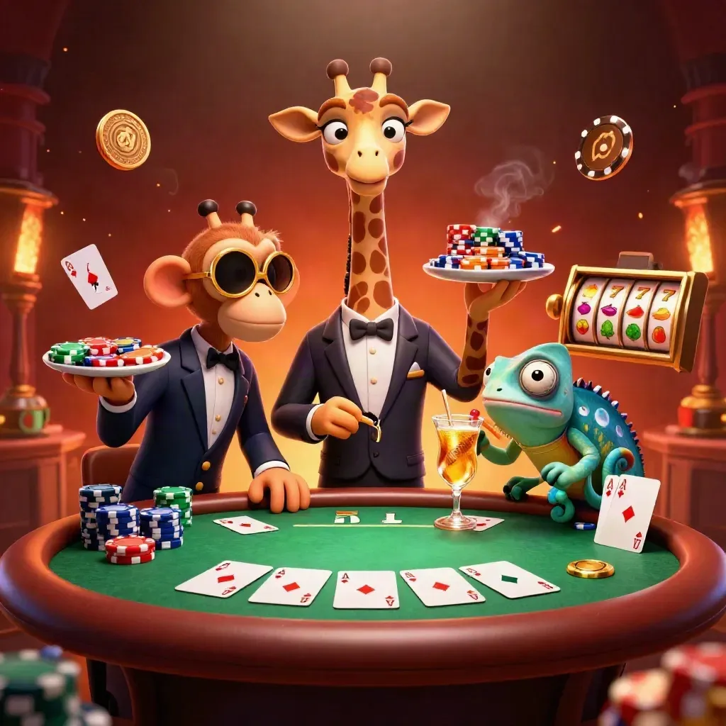 Giraffa, scimmia e camaleonte al tavolo da poker con fiches e cocktail dorati.