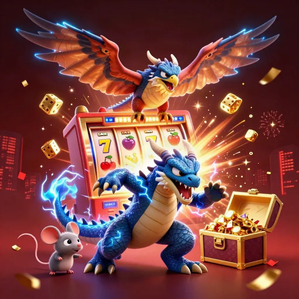 Drago fulmine, falco alato e topo elettrico tra jackpot, monete e scintille neon.