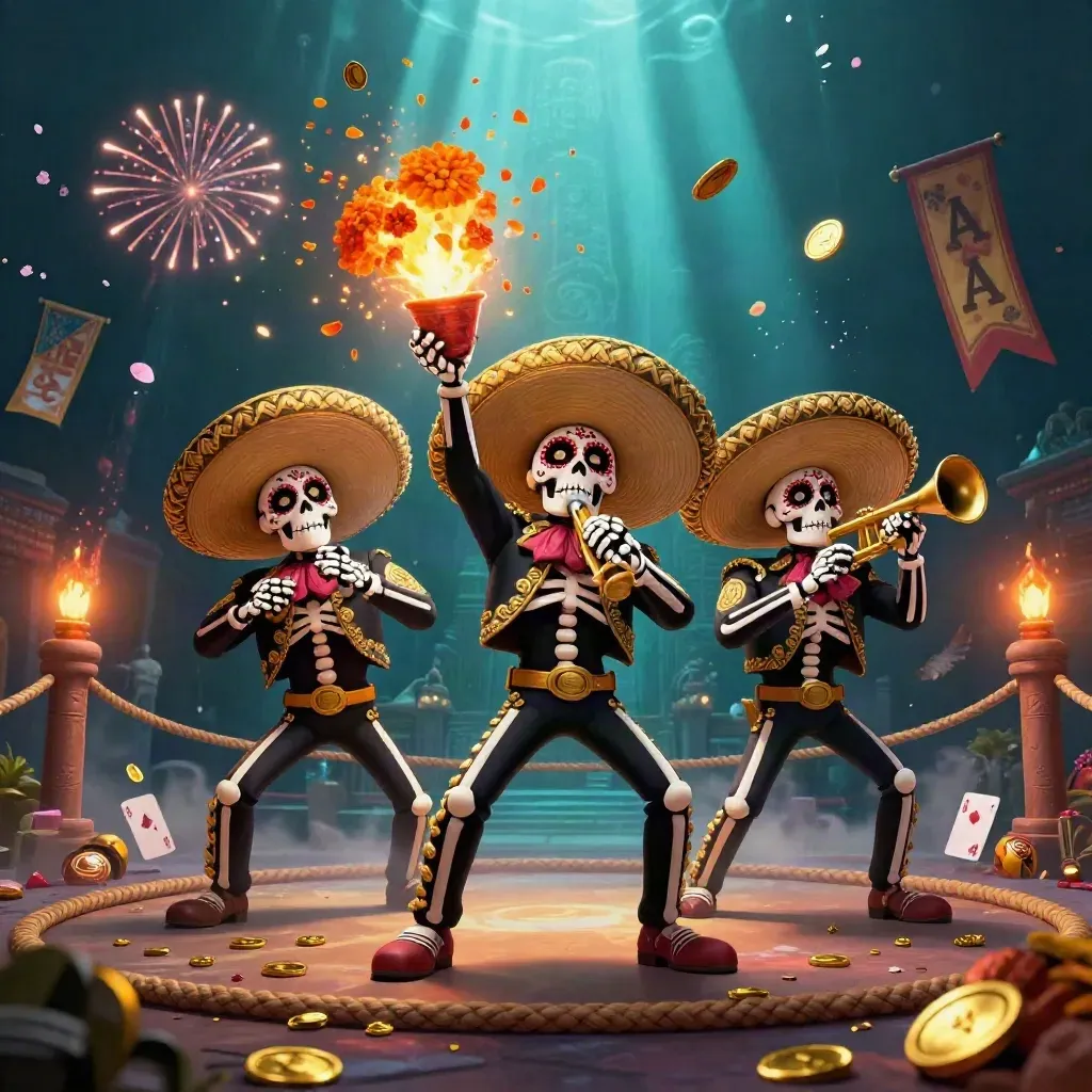 Tre scheletri mariachi danzano tra monete d’oro, petali e un portale antico.