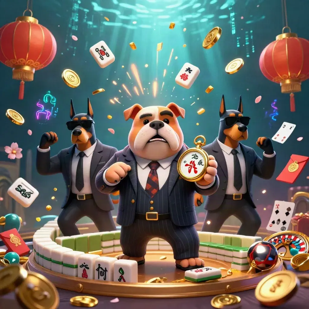 Bulldog mafioso e due dobermann tra monete d’oro, lanterne, fuochi e simboli da casinò