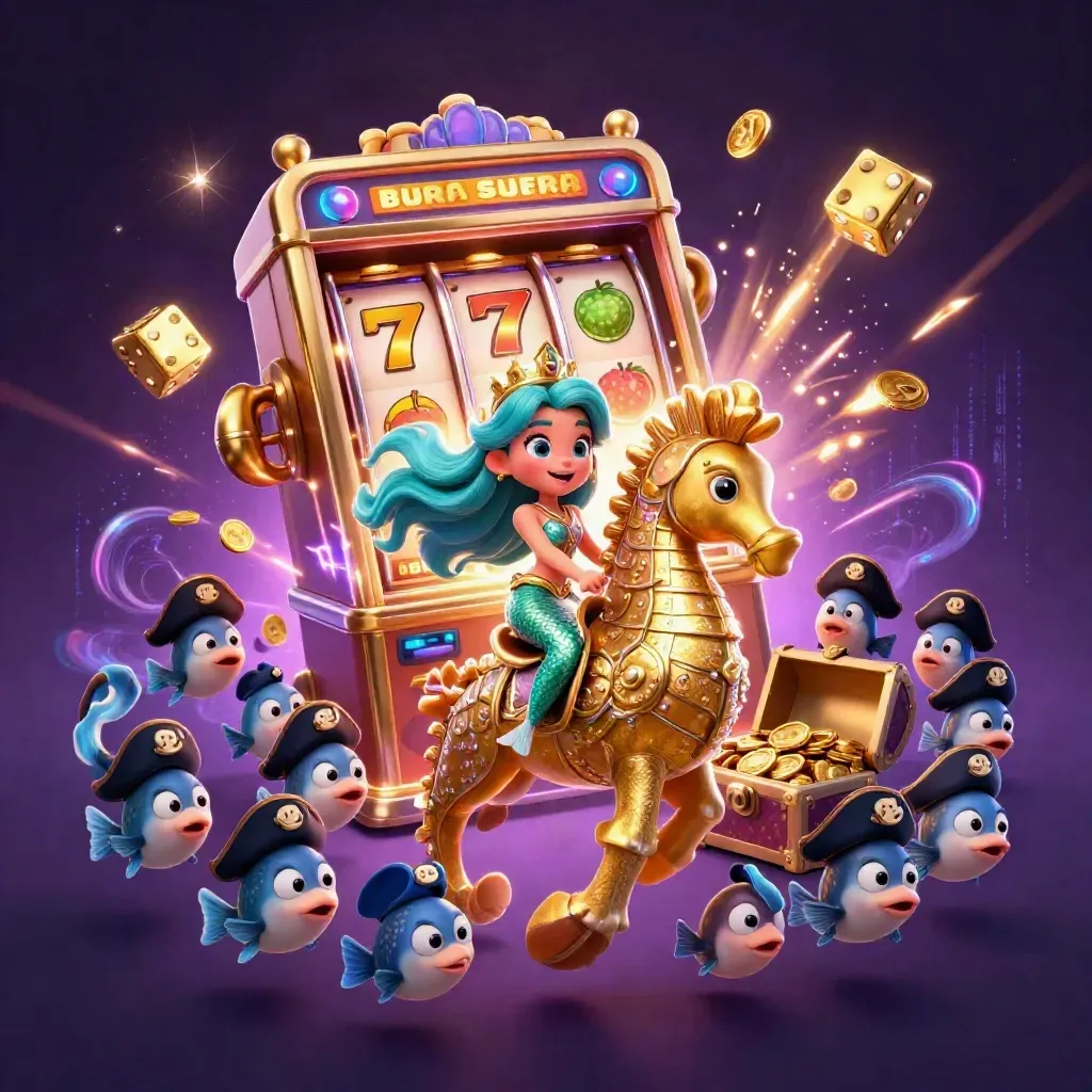 Sirena principessa con cavalluccio marino dorato, pesci pirata e slot machine esplosiva