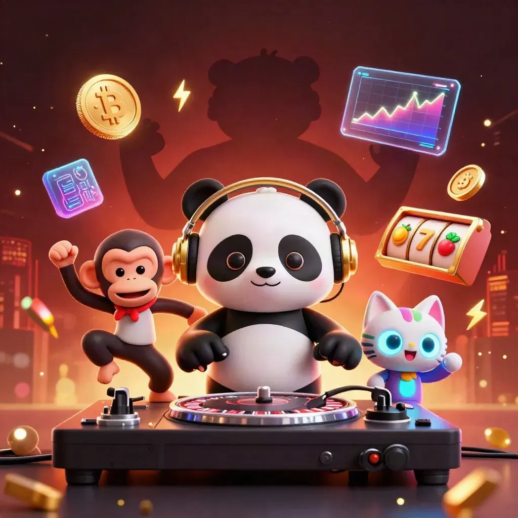 Panda DJ, scimmia e gattino rave tra monete e fulmini su sfondo scuro.