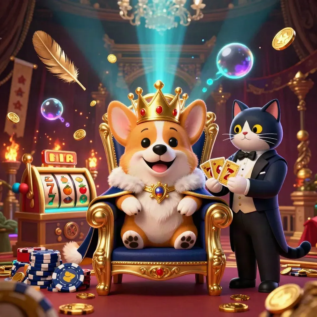 Corgi reale su fiches con maggiordomo gatto, gettoni e luce dorata in stile casino premium.