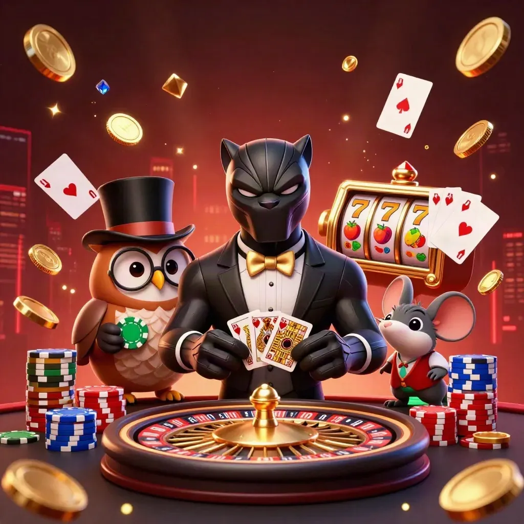 Pantera elegante, gufo e topo tra fiches, monete e ruota roulette in stile casino premium.