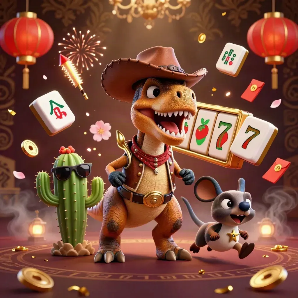 T-Rex cowboy, cactus e roadrunner tra simboli da slot su sfondo damascato scuro.