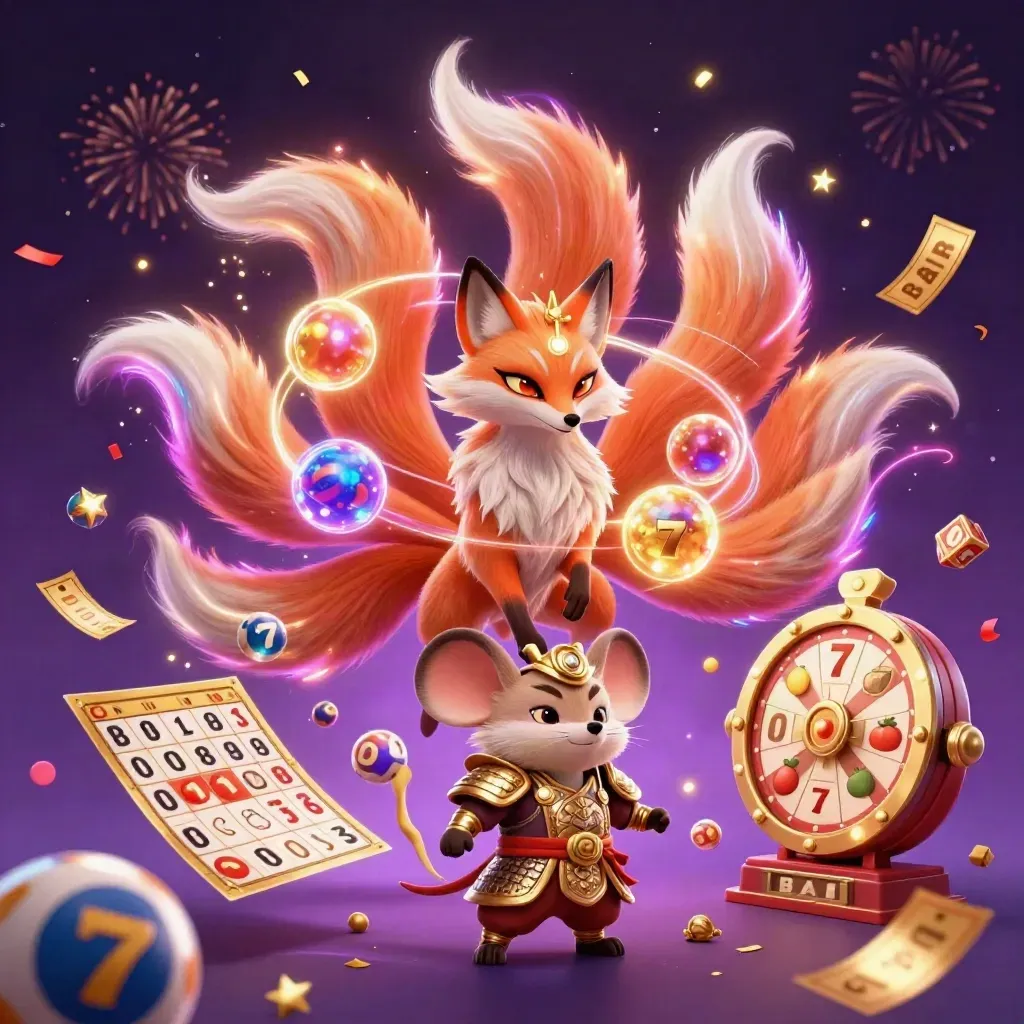 Volpe a nove code con topo samurai e simboli casino, tra bagliori neon e stelle.
