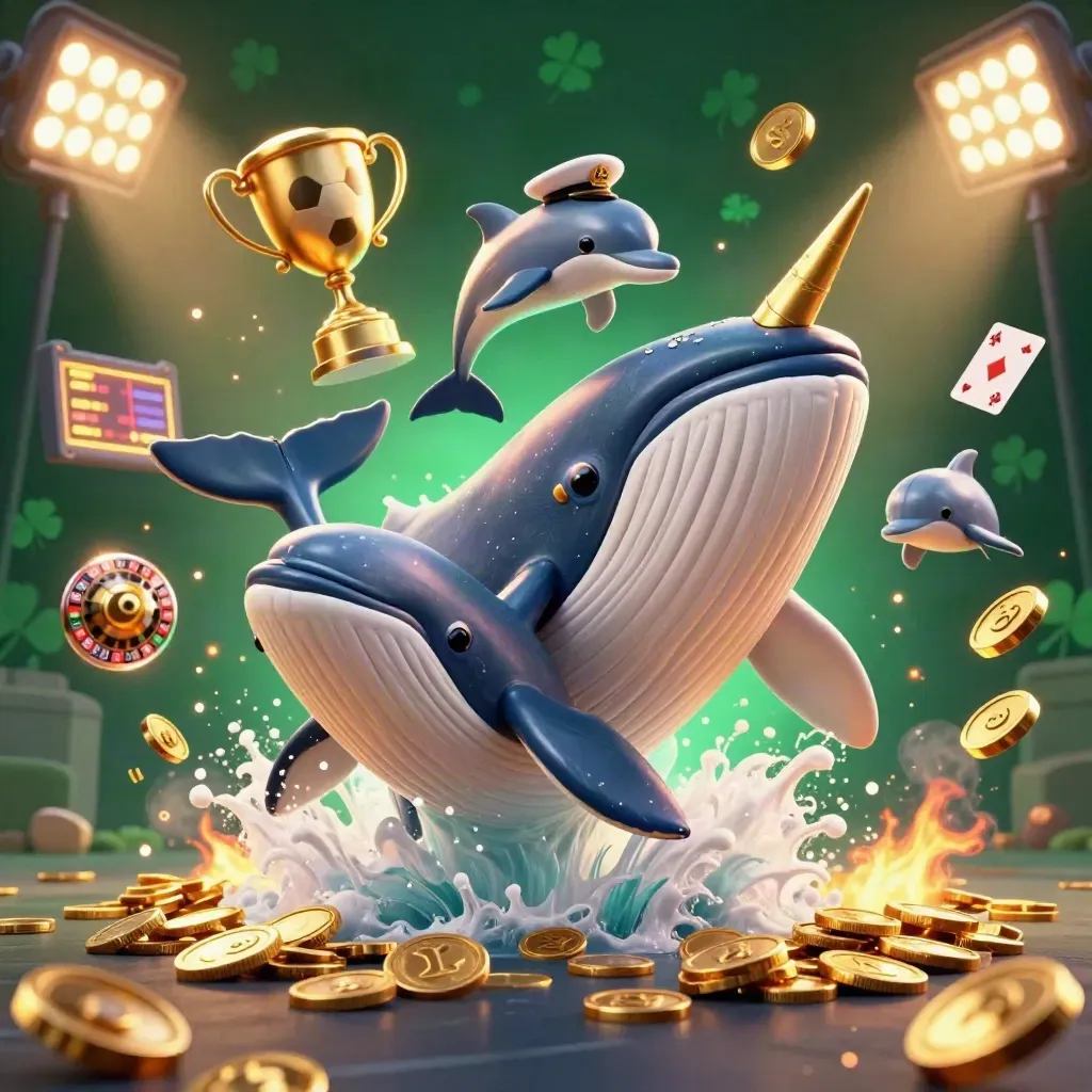 Balena e narvalo tra monete d’oro, delfini, palloni e luci casino su sfondo verde scuro.