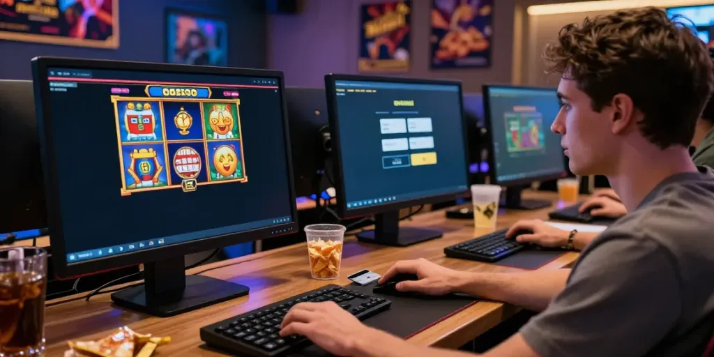 Engaged player at online casinos that accept credit cards, focused on colorful games and quick deposits.