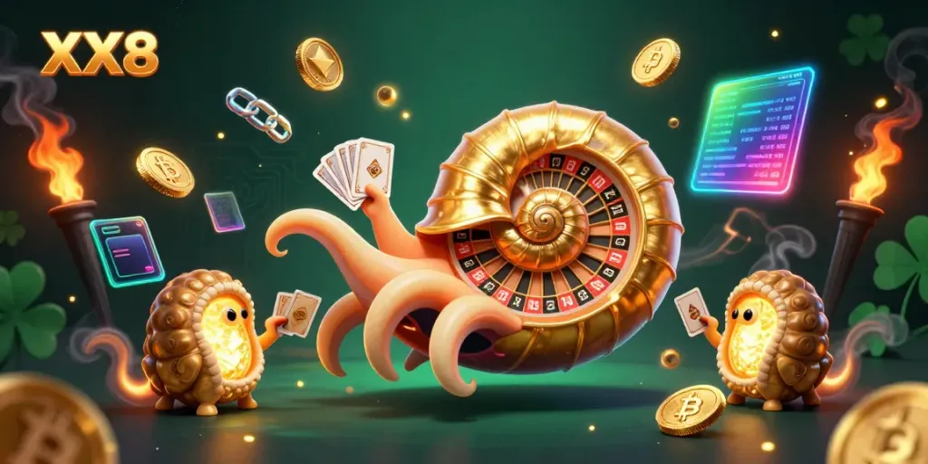 Experience baccarat wins on XX8 with a vibrant 3D illustration showcasing thrilling casino elements.