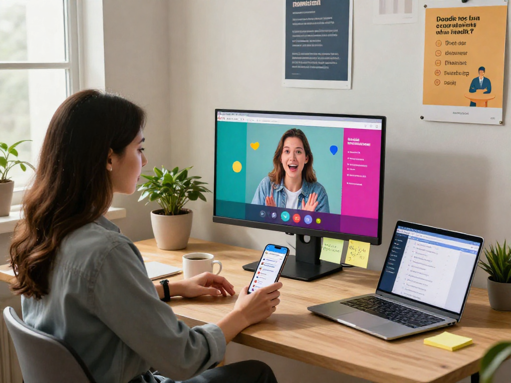 Engaging workspace with a professional woman using hot chat ai for digital communication in a cozy home office.