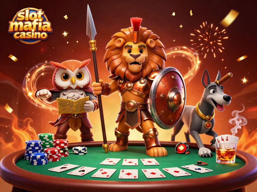 Engage with slot mafia casino and experience an energetic 3D scene filled with poker elements and vibrant characters.