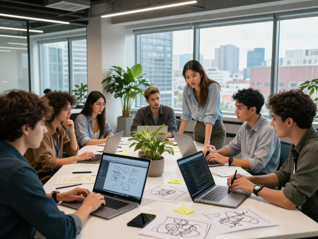 Engaging team collaborating in a modern office, showcasing Juicy ai innovations in tech design