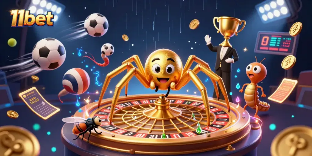 Experience the excitement of 11bet with a golden spider web roulette game surrounded by vibrant sports elements.