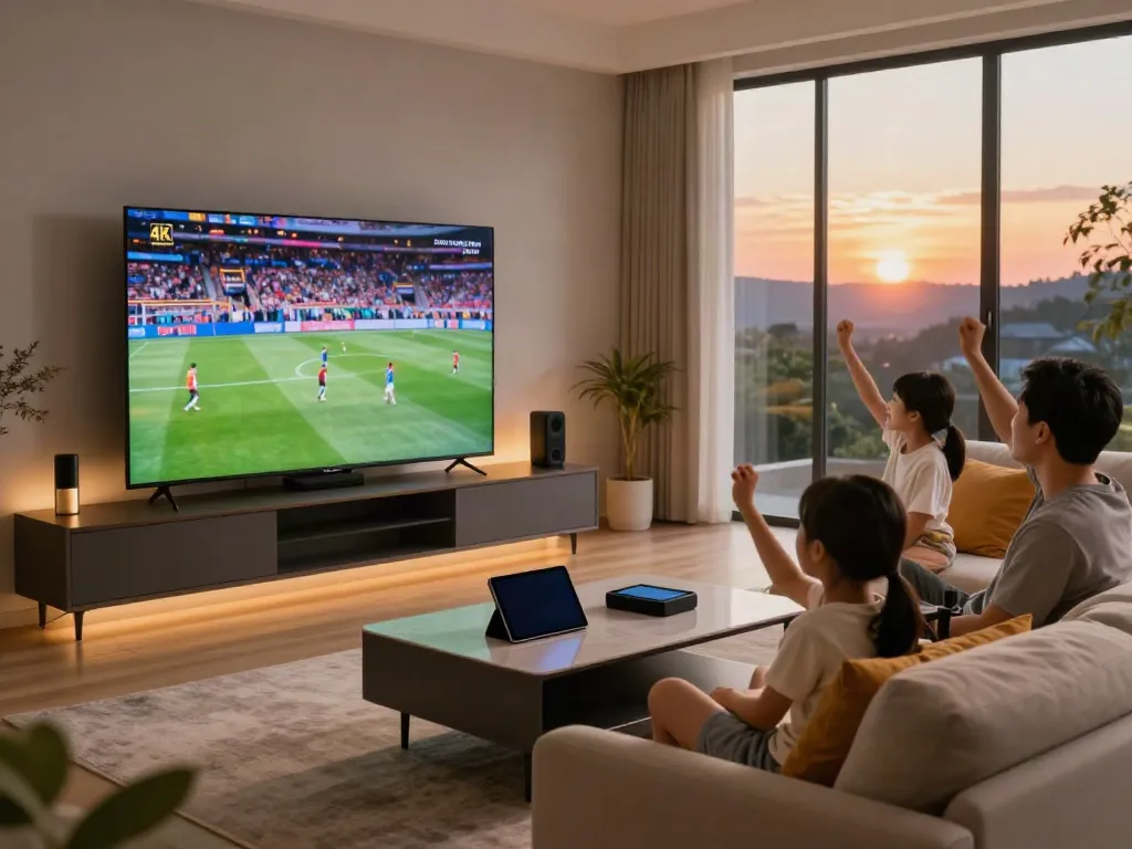 Engaging family watching live sports on IPTV, showcasing test iptv experience in modern living room.